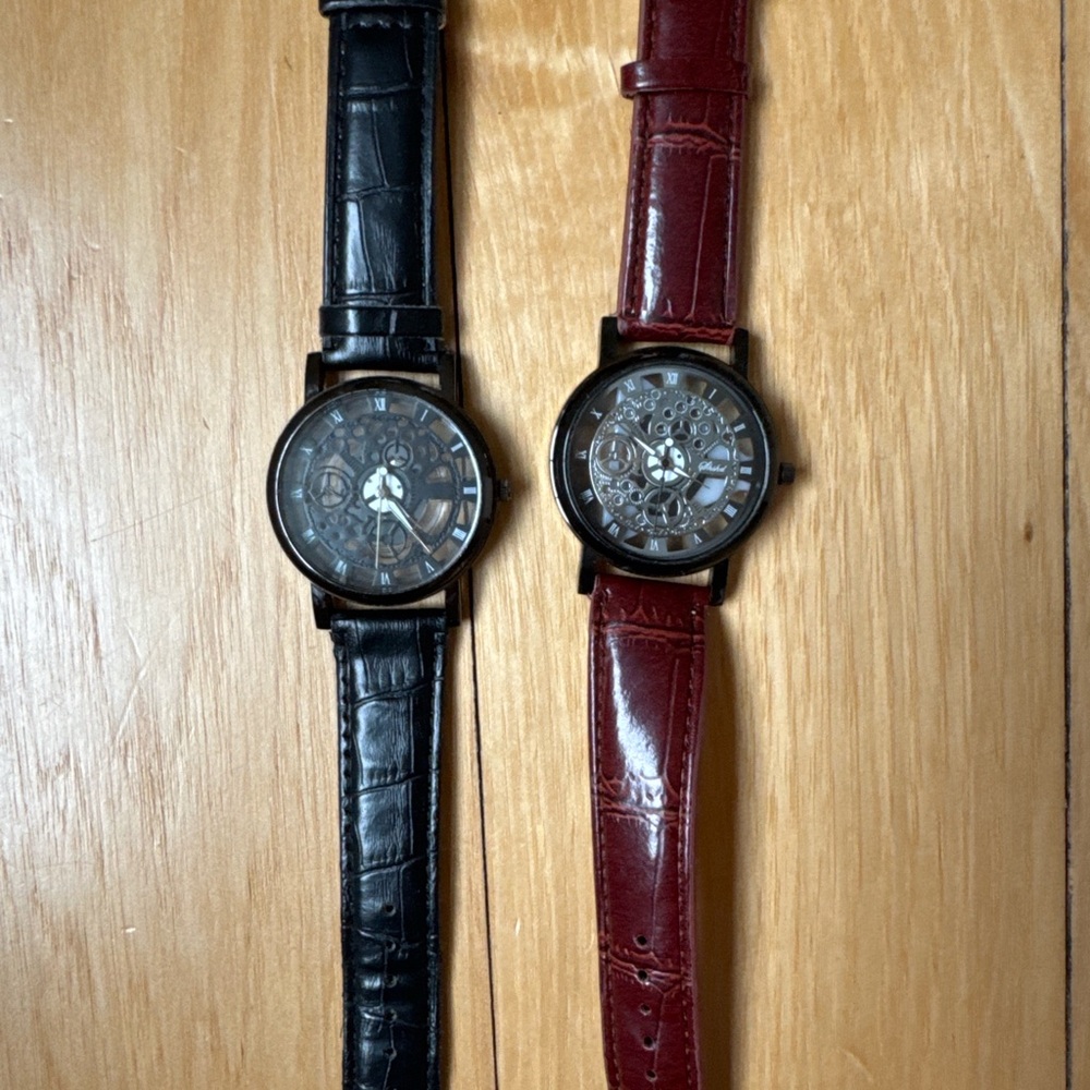Skeleton Dial Watches (Set of 2) | Black & Burgundy Leather Bands